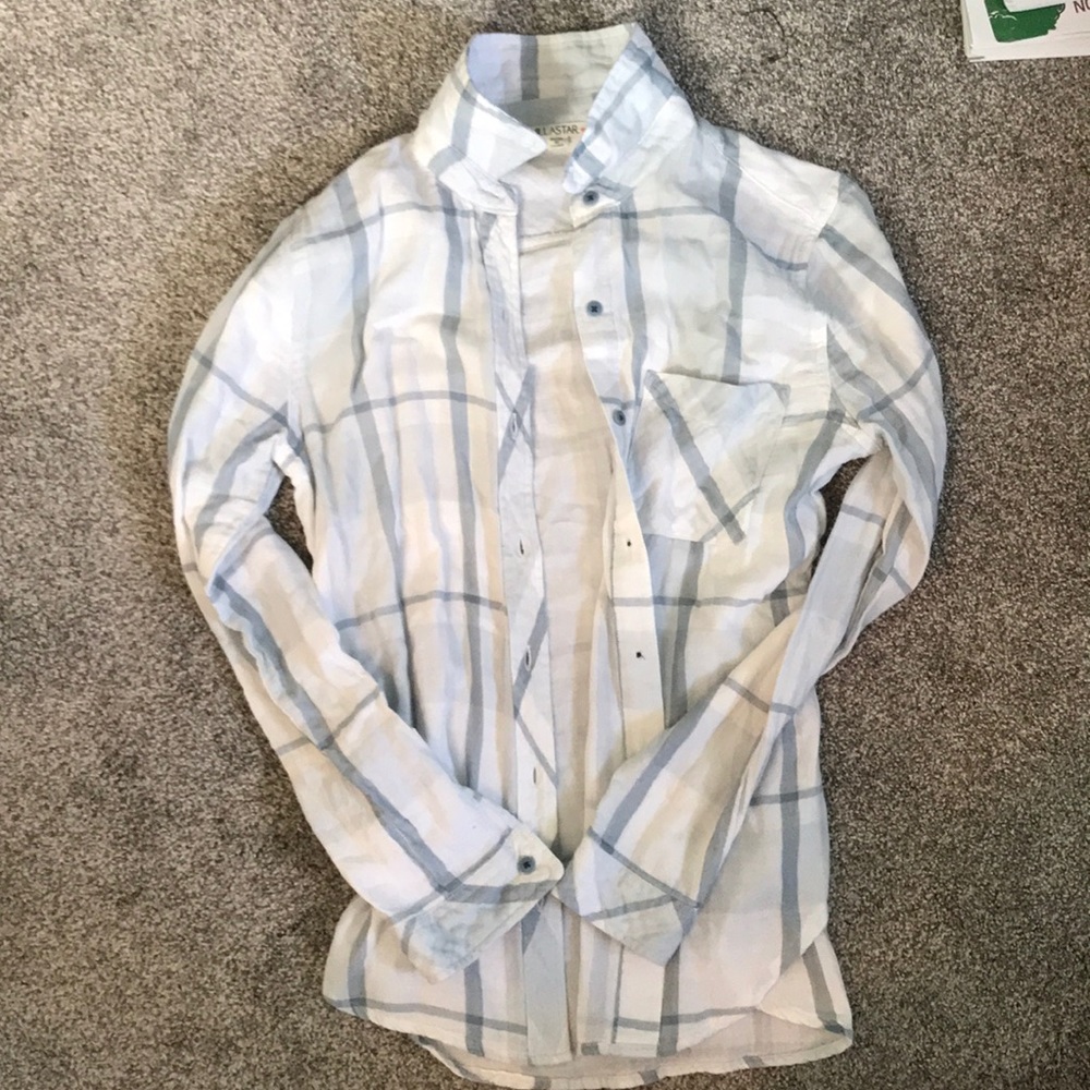 light blue and white flannel shirt